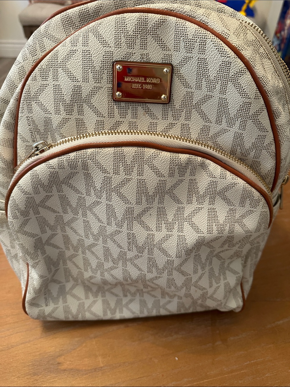 Michael Kors Cream and Brown MK Logo Backpack
